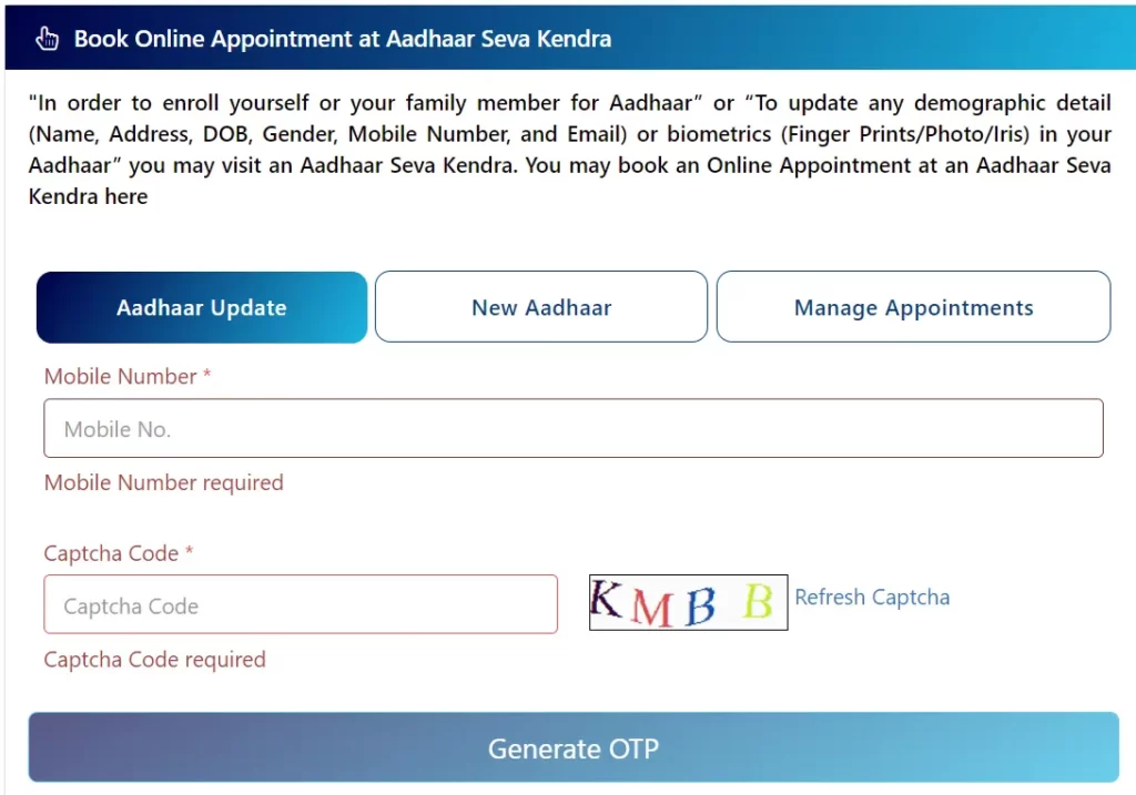 Book an Aadhaar Seva Kendra Appointment