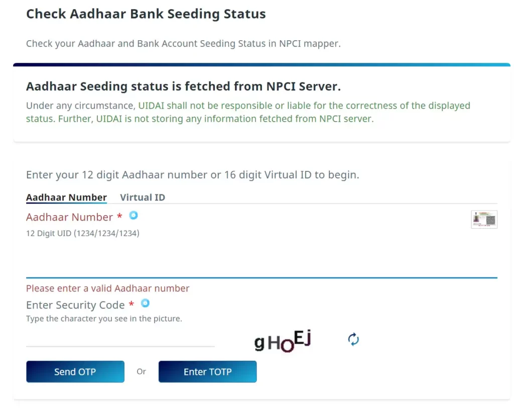 Check Aadhaar Bank Link Status with Aadhar number or VID