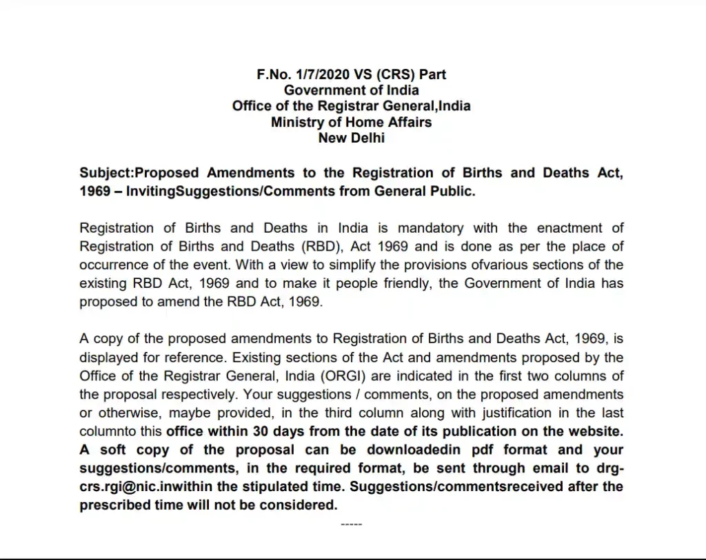 MHA India notice on RBD Act 2023