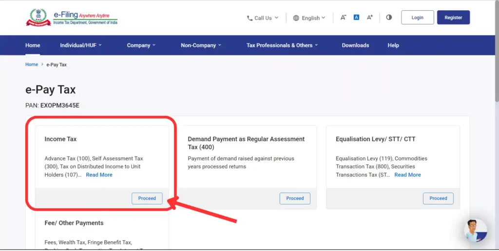 PAN Aadhar Link Online Process - e Pay Tax Page
